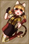  1girl alice_in_wonderland animal_ears boots bow bowtie brown_background brown_hair cat_ears cat_girl cat_tail extra_ears gloves highres hikarikmy kemono_friends kemono_friends_v_project kneehighs large-spotted_genet_(kemono_friends) long_hair looking_at_viewer open_mouth parody red_eyes ribbon shirt shorts simple_background socks solo suspenders tail twintails virtual_youtuber 