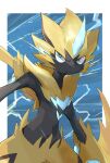  black_fur blue_eyes blue_pupils closed_mouth electricity electrokinesis fang fang_out highres momota_pix pokemon pokemon_(creature) standing whiskers yellow_fur zeraora 
