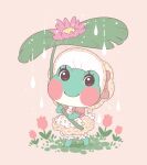  1girl animal_crossing apron artist_name bloomers blush blush_stickers bonnet bow brown_dress brown_eyes brown_headwear buttons closed_mouth commentary dress english_commentary eyelashes floral_print flower frog_girl full_body grass holding holding_leaf leaf lily_(animal_crossing) looking_at_viewer pink_background pink_bow pink_flower pink_shirt print_dress print_headwear puffy_short_sleeves puffy_sleeves rain samantha_whitten shirt short_sleeves signature simple_background smile solo standing tulip underwear white_apron white_bloomers 