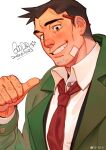  1boy ace_attorney bandaid bandaid_on_face black_eyes blush brown_hair coat dick_gumshoe facial_hair g00d1a highres knuckle_hair male_focus necktie nose_blush pointing pointing_at_self short_hair solo stubble upper_body 