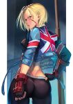  1girl black_leggings blonde_hair blue_eyes cammy_white cropped_jacket fingerless_gloves gloves hand_on_hip hinoru_saikusa leggings looking_back pants scar scar_on_cheek scar_on_face short_sleeves solo street_fighter street_fighter_6 union_jack 