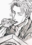  1boy collarbone collared_shirt eating food greyscale highres holding holding_food holding_pizza jujutsu_kaisen looking_at_viewer male_focus monochrome nanami_kento neconii_oo open_mouth pizza pizza_slice shirt short_hair sketch solo teeth upper_body 