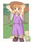  1girl :d \o/ arms_up bangs blonde_hair blunt_bangs blunt_tresses blush border brown_eyes bush frog full_body grass happy hat highres kourin1219 medium_hair moriya_suwako open_mouth outdoors outside_border outstretched_arms purple_skirt purple_vest skirt skirt_set sleeves_past_elbows smile solo standing touhou vest white_border wide_sleeves 