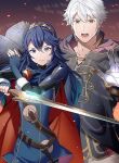  1boy 1girl ameno_(a_meno0) armor bangs belt black_gloves black_robe black_sweater blue_cape blue_eyes blue_gloves blue_hair book brown_belt brown_eyes cape closed_mouth collarbone commentary falchion_(fire_emblem) fingerless_gloves fingernails fire_emblem fire_emblem_awakening gloves hair_between_eyes highres holding holding_book holding_sword holding_weapon hood hood_down hooded_robe lips long_hair looking_at_viewer lucina_(fire_emblem) magic open_book open_mouth pink_lips red_cape ribbed_sweater robe robin_(fire_emblem) robin_(male)_(fire_emblem) short_hair shoulder_armor sweater sword teeth tiara turtleneck turtleneck_sweater two-tone_cape weapon white_hair 