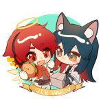  2girls animal_ear_fluff animal_ears arknights bangs black_gloves black_hair black_shirt blue_background blush box brown_eyes brown_shirt brown_wings burger cardboard_box chibi detached_wings exusiai_(arknights) fang food food_on_face gloves grey_jacket hair_between_eyes headphones highres holding holding_box holding_food jacket long_sleeves mouth_hold multicolored_hair multiple_girls neckerchief notice_lines open_clothes open_jacket pocky red_eyes red_neckerchief redhead round_image shirt tangguanguanguanguanguanguan texas_(arknights) two-tone_background two-tone_hair white_background wide_sleeves wings 
