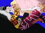  2boys bad_id bad_twitter_id bare_pectorals black_hair blonde_hair cigar clenched_teeth coat crocodile_(one_piece) donquixote_doflamingo duel earrings feather_coat feet_out_of_frame from_side frown highres hook_hand jewelry liliiliillj long_sleeves male_focus multiple_boys muscular muscular_male one_piece pectorals short_hair smile smoking stitches sunglasses teeth 