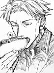  1boy bread collared_shirt eating food highres holding holding_food jujutsu_kaisen male_focus nanami_kento neconii_oo open_mouth shirt short_hair sketch solo teeth upper_body 