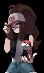  1girl antenna_hair baseball_cap black_background black_vest black_wristband brown_hair closed_mouth commentary eyelashes frown green_eyes hand_on_headwear hand_up hat high_ponytail highres hilda_(pokemon) long_hair looking_at_viewer open_clothes open_vest poke_ball poke_ball_(basic) pokemon pokemon_(game) pokemon_bw shirt shorts sidelocks solo ume_(ume_445) vest white_headwear wristband 
