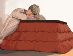  1boy blanket blonde_hair blue_shirt brown_cardigan cardigan closed_eyes collared_shirt jujutsu_kaisen kotatsu male_focus nanami_kento okaya_(blackjokecompany) shirt short_hair sitting sleeping solo table 