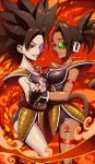  2girls brown_eyes brown_hair caulifla dragon_ball dragon_ball_super dragon_ball_z green-tinted_eyewear grin highres kale_(dragon_ball) kanchiyo long_hair looking_at_viewer monkey_tail multiple_girls orange_background pink-tinted_eyewear saiyan saiyan_armor scouter sharp_teeth signature sleeveless smile tail tan teeth thighs tinted_eyewear 