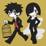  2boys 73_(naa) birdcage black_eyes black_footwear black_hair black_pants brown_background cage chibi earrings full_body hand_on_own_face janua_ein jewelry looking_at_viewer multiple_boys necktie pants redhead scar sen&#039;yuu. smile smoking standing teufel_diabolos 