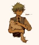  1boy animal black_necktie boku_no_hero_academia cat closed_mouth collared_shirt commentary cropped_torso english_commentary fenkko freckles green_hair hair_between_eyes highres holding holding_animal holding_cat male_focus midoriya_izuku necktie petting shirt short_hair simple_background solo upper_body vest white_background white_cat white_shirt 