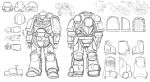  1boy adeptus_astartes armor armored_boots boots dab_(dance) full_armor full_body gauntlets helmet highres mick19988 monochrome pauldrons shoulder_armor simple_background sketch solo space_marine unfinished warhammer_40k white_background 