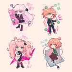  2boys 2girls :o ahoge bangs bear_hair_ornament black_jacket black_pants black_ribbon blush_stickers boots braid brown_hair brown_skirt cheer_(cheerkitty14) computer crown danganronpa:_trigger_happy_havoc danganronpa_(series) enoshima_junko fujisaki_chihiro green_eyes green_hoodie green_jacket grin hair_ornament hair_ribbon high_heels highres holding hood hood_down hoodie jacket kirigiri_kyouko knee_boots laptop long_hair magnifying_glass miniskirt monokuma multiple_boys multiple_girls naegi_makoto open_clothes open_jacket open_mouth pants pleated_skirt purple_jacket red_footwear red_skirt ribbon shirt shoes short_hair side_braid skirt smile teeth translation_request twintails white_hair white_shirt 