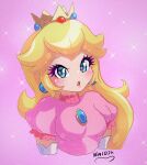  1girl absurdres bangs blonde_hair blue_eyes crown dress earrings eyebrows_hidden_by_hair highres jewelry long_hair nin10ja open_mouth pink_dress princess_peach solo super_mario_bros. upper_body 