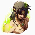  1boy absurdres aura black_hair broly_(dragon_ball_z) dragon_ball dragon_ball_z fangs gold_choker green_eyes grin highres hydeover9000 jewelry legend:_a_dragon_ball_tale looking_at_viewer male_focus messy_hair muscular muscular_male necklace pectorals scar scar_across_eye scar_on_face scar_on_mouth simple_background smile solo tiara upper_body white_background 