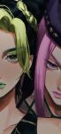  1boy 1girl black_hair closed_mouth cropped_head double_bun eyelashes fishnets green_hair green_lips hair_bun hat highres jojo_no_kimyou_na_bouken kujo_jolyne lipstick long_hair looking_at_viewer makeup multicolored_hair narciso_anasui pink_eyes pink_hair pink_lips simple_background sriokorr stone_ocean two-tone_hair 