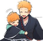  2boys bleach blue_hoodie blush_stickers father_and_son hand_in_another&#039;s_hair hood hoodie hug japanese_clothes kurosaki_ichigo kurosaki_kazui long_sleeves male_focus multiple_boys open_mouth orange_hair short_hair teeth upper_body upper_teeth_only wide_sleeves yanono_015 