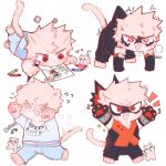  &gt;_&lt; 1boy aged_down animal_ears animal_hands bakugou_katsuki black_mask black_shorts blonde_hair blue_shirt blue_shorts blush boku_no_hero_academia cat cat_boy cat_ears cat_paws cat_tail child child&#039;s_drawing closed_eyes closed_mouth clothes_writing commentary crayon crying drawing english_commentary eye_mask full_body furrification furry heart highres lying male_child male_focus midoriya_izuku navel on_stomach open_mouth pochitaart red_eyes shirt short_hair shorts simple_background smile spiky_hair standing tail tears white_background 