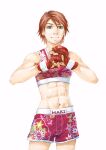  1girl abs all_rounder_meguru blue_eyes brown_hair closed_mouth endo_hiroki fingerless_gloves gloves highres kamiya_maki looking_at_viewer mixed_martial_arts mma_gloves navel red_gloves short_hair shorts simple_background solo sports_bra white_background 