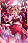  1girl :d absurdres ascot blonde_hair blood collared_shirt commentary_request cowboy_shot crystal fang flandre_scarlet frilled_shirt_collar frilled_skirt frills hand_up hat hat_ribbon highres long_hair looking_at_viewer mob_cap one_side_up open_mouth pointy_ears red_eyes red_ribbon red_skirt red_vest ribbon sakuhara_kaka shirt short_sleeves skirt smile solo touhou vest white_headwear white_shirt wings wrist_cuffs yellow_ascot 