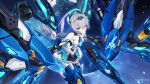  1girl armor bangs bare_shoulders blue_hair bronya_zaychik bronya_zaychik_(herrscher_of_truth) drill_hair earth_(planet) english_text grey_hair highres honkai_(series) honkai_impact_3rd looking_at_viewer mecha_musume official_art official_wallpaper planet smile solo upper_body 
