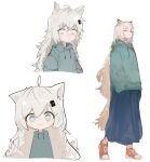  1girl :3 ;) alternate_costume animal_ears arknights blue_eyes blue_skirt blush bright_pupils closed_mouth green_hoodie grey_hair hands_in_pockets highres hood hood_down hoodie lappland_(arknights) long_hair long_skirt long_sleeves looking_away looking_down multiple_views one_eye_closed open_mouth red_footwear runamonet scar scar_across_eye scar_on_face shoes simple_background skirt smile sneakers tail very_long_hair white_background wolf_ears wolf_girl wolf_tail 