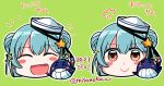  1girl black_ribbon blue_hair brown_eyes commentary_request dixie_cup_hat double_bun facing_viewer green_background hair_bun hat hat_ribbon head_only izumiyamisono kantai_collection little_blue_whale_(kancolle) looking_at_viewer military_hat multiple_views ribbon samuel_b._roberts_(kancolle) short_hair simple_background translation_request whale white_headwear 