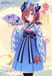  1girl absurdres bangs blue_dress blue_eyes blush brown_hair closed_mouth dress frilled_sleeves frills go-toubun_no_hanayome hair_between_eyes hair_ribbon hand_fan highres holding holding_fan lolita_fashion long_hair looking_at_viewer megami_magazine nakano_miku official_art paper_fan ribbon scan sidelocks smile solo standing wa_lolita wide_sleeves 