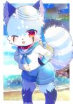  ;p animal_ear_fluff animal_ears blue_sailor_collar blue_shorts blurry blurry_background blush commentary_request commission copyright_request day depth_of_field furry hands_on_hips hat horizon kou_hiyoyo looking_at_viewer ocean one_eye_closed red_eyes sail sailing_ship sailor_collar sailor_hat ship ship_of_the_line shirt shorts skeb_commission sleeveless sleeveless_shirt standing striped_tail tail tilted_headwear tongue tongue_out water watercraft white_headwear white_shirt 