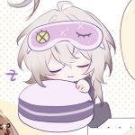  1boy black_pants blush brown_hair chibi closed_eyes closed_mouth collar_x_malice eye_mask full_body male_focus multicolored_hair okazaki_kei pants pillow short_hair sleeping smile solo w047 white_background white_hair 