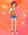  1girl artist_request commentary english_commentary eyelashes hair_ornament hairclip happy highres hino_akane_(smile_precure!) jacket looking_at_viewer official_art orange_jacket ponytail precure precure_connection_puzzlun red_eyes redhead shoes short_hair shorts smile smile_precure! socks solo third-party_source 