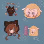  1boy 1girl animal_ears animal_hood black_cat blue_background brown_hair cat cat_ears chibi collar_x_malice green_eyes hetero highres hood hoshino_ichika_(collar_x_malice) long_hair multicolored_hair okazaki_kei sheep sheep_ears short_hair translation_request violet_eyes w047 white_hair 