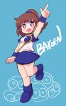  1girl :d absurdres arle_nadja arm_up bangs blue_background blue_footwear blue_shirt blue_skirt blue_wristband blunt_bangs boots breasts bright_pupils brown_eyes brown_hair full_body highres leg_up madou_monogatari open_mouth ponytail puyo_(puyopuyo) puyopuyo seseringo shirt short_hair short_sleeves simple_background skirt slime_(creature) small_breasts smile solo standing standing_on_one_leg vest white_pupils white_vest wristband 