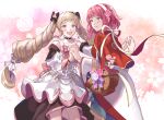  2girls :d ankle_boots basket blonde_hair blush boots bow choker collarbone detached_sleeves dress drill_hair elise_(fire_emblem) elise_(valentine)_(fire_emblem) fire_emblem fire_emblem_fates fire_emblem_heroes flower_bracelet hair_bow hairband highres holding holding_basket holding_hands japanese_clothes kimono long_hair multiple_girls official_alternate_costume open_mouth pink_background pink_eyes pink_hair purple_hair sakura_(fire_emblem) sakura_(valentine)_(fire_emblem) short_hair smile sobasakuhin teeth twintails very_long_hair violet_eyes white_background white_dress white_hairband white_kimono 