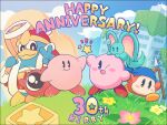  ;d anniversary bandana bandana_waddle_dee blue_bandana blue_eyes blue_sky blush blush_stickers bright_pupils brown_eyes building closed_mouth clouds day elfilin flower fur-trimmed_jacket fur_trim grass hammer hat high_five holding holding_hammer holding_polearm holding_weapon hone_(sky_cubes) jacket king_dedede kirby kirby&#039;s_dream_land kirby_(series) kirby_and_the_forgotten_land no_humans one-eyed one_eye_closed open_clothes open_jacket open_mouth outdoors overgrown pink_flower polearm red_headwear red_jacket sky smile spear standing star_(symbol) star_block v waddle_doo weapon white_pupils yellow_flower 