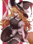  1girl bangs black_thighhighs blonde_hair blurry blurry_background bow bracelet braid breasts broom chromatic_aberration depth_of_field frills hair_between_eyes hat hat_bow hat_iue highres holding holding_broom jewelry kirisame_marisa large_breasts light_smile long_hair looking_at_viewer puffy_short_sleeves puffy_sleeves short_sleeves side_braid simple_background solo thigh-highs touhou very_long_hair white_background white_bow witch_hat yellow_eyes 