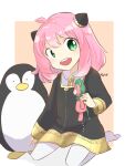  1girl anya_(spy_x_family) anya_forger bangs bird commentary_request cute green_eyes long_sleeves looking_at_viewer one-hour_drawing_challenge penguin pink_hair school_uniform short_hair solo spy_x_family stuffed_animal stuffed_toy thigh-highs user_rtxp2877 white_thighhighs 