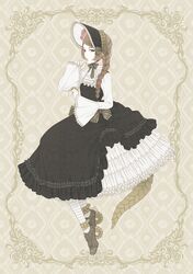  1girl argyle_socks black_dress bonnet braid brown_footwear brown_hair commentary_request dress finger_to_own_chin flower frilled_dress frills full_body hair_flower hair_ornament hair_over_shoulder lolita_fashion long_hair moriya_yuka original pangolin_tail rose single_braid solo tagme tail two-tone_dress white_dress wide_sleeves 