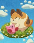  :3 :d arms_up blue_eyes blue_flower blue_sky blush blush_stickers cat cat_day closed_eyes closed_mouth clouds commentary_request day flower grass highres kirby kirby_(series) looking_at_another lying miclot nago_(kirby) no_humans on_back open_mouth paw_print sky smile white_flower yellow_flower 