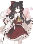  1girl ascot bangs bare_shoulders bow brown_eyes brown_hair closed_mouth detached_sleeves frilled_skirt frills gohei hair_between_eyes hair_bow hair_tubes hakurei_reimu highres huaying_(yueluoshanhe103) japanese_clothes long_hair nontraditional_miko red_bow red_skirt ribbon-trimmed_sleeves ribbon_trim sidelocks skirt solo touhou white_sleeves wide_sleeves yellow_ascot 