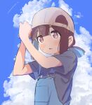  1girl adjusting_clothes adjusting_headwear bangs bare_arms baseball_cap black_shirt blue_hair blue_sky blunt_bangs brown_eyes brown_hair clouds commentary hat hozuki_momiji light_blush looking_away multicolored_hair murairamuraiari onii-chan_wa_oshimai! open_mouth overalls shirt short_ponytail short_sleeves sideways_hat sketch sky solo t-shirt two-tone_hair upper_body 