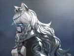1girl animal_ear_fluff animal_ears arknights bangs bead_necklace beads black_jacket blue_eyes braid breasts chinese_commentary circlet clothes_writing commentary_request from_side gqi_(pixiv_11877511) grey_background grey_hair gundam jacket jewelry large_breasts leopard_ears leopard_girl long_hair mask necklace pramanix_(arknights) profile sidelocks simple_background solo standing sweater turtleneck turtleneck_sweater twin_braids upper_body white_sweater