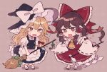  2girls apron ascot bangs bare_shoulders black_headwear black_skirt black_vest blonde_hair blush_stickers bow braid broom brown_background brown_eyes brown_hair collared_shirt detached_sleeves flying_sweatdrops frilled_skirt frills gohei hair_between_eyes hair_bow hair_tubes hakurei_reimu hat hat_bow holding holding_broom japanese_clothes kirisame_marisa long_hair mozukuzu_(manukedori) multiple_girls nontraditional_miko open_mouth puffy_short_sleeves puffy_sleeves red_bow red_skirt ribbon-trimmed_sleeves ribbon_trim shirt short_sleeves sidelocks simple_background single_braid skirt smile socks sparkle touhou vest waist_apron white_apron white_bow white_shirt white_sleeves white_socks wide_sleeves witch_hat yellow_ascot yellow_eyes 