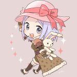  1girl :d animal_bag animal_print blush bow breasts brown_coat brown_gloves brown_skirt brown_thighhighs chibi coat commentary_request elbow_gloves fingerless_gloves flower flower_in_mouth full_body fur-trimmed_coat fur_trim gloves grey_eyes hat hat_bow leopard_print light_purple_hair looking_at_viewer looking_to_the_side medium_breasts miyan_(shamigame) open_mouth pink_bow pink_headwear rabbit_bag ragnarok_masters ragnarok_online red_flower red_rose rose round_teeth shadow_chaser_(ragnarok_online) short_hair skirt smile solo sparkle teeth thigh-highs 