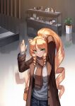  1girl absurdres animal_ear_fluff arknights bag blonde_hair breasts brown_coat brown_scarf closed_mouth coat cowboy_shot dusk_(arknights) green_eyes hair_tie handbag highres indoors kimsuwan2013 lancet-2_(arknights) ling_(arknights) long_hair long_sleeves looking_at_viewer medium_breasts nian_(arknights) open_clothes open_coat plant potted_plant reflective_floor ringlets scarf shelf shoulder_bag sidelocks smile solo sweater swire_(arknights) the_emperor_(arknights) tying_hair unbuttoned very_long_hair white_sweater 