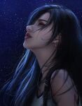  1girl artist_name black_hair commentary dangle_earrings earrings english_commentary final_fantasy final_fantasy_vii final_fantasy_vii_remake from_side highres jewelry learclow long_hair looking_up making-of_available night night_sky parted_lips photoshop_(medium) red_eyes sky solo star_(sky) starry_sky tifa_lockhart 