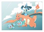  blue_eyes charizard claws clouds fangs fire flying holding holding_pokemon ivysaur looking_afar lucario momota_pix pokemon pokemon_(creature) red_eyes riding riding_pokemon sky squirtle vine_whip wings 