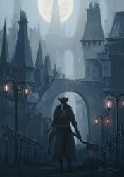  1other ambiguous_gender artist_name bloodborne boots bridge brown_coat brown_footwear building coat copyright_name facing_away full_body gun handgun hat highres holding holding_gun holding_weapon hunter_(bloodborne) lamppost moon night outdoors ponytail saw_cleaver standing tricorne tripdancer weapon 