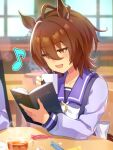  2girls agnes_tachyon_(umamusume) ahoge animal_ears artist_name back_bow black_hair book botantouki bow brown_hair candy_wrapper coffee_mug cup earrings eighth_note hair_between_eyes holding holding_book holding_cup horse_ears jewelry long_sleeves manhattan_cafe_(umamusume) mug multiple_girls musical_note purple_serafuku red_eyes school_uniform serafuku short_hair single_earring sitting smile solo_focus tracen_school_uniform umamusume white_bow window winter_uniform 